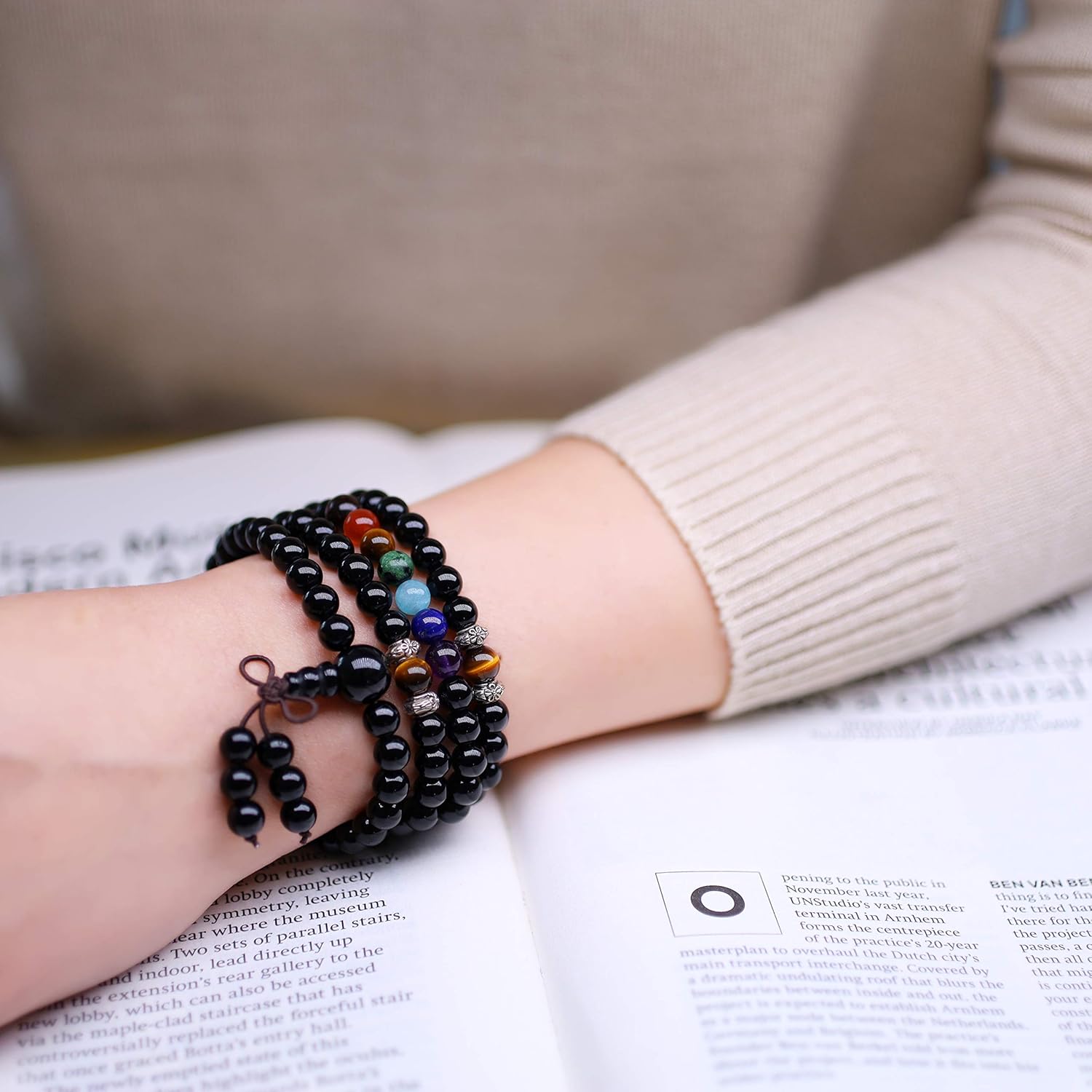 COAI 108 Japa Mala 7 Chakra Onyx Stone Wrap Bracelet Necklace, Black, 28.5 inches - Image 3