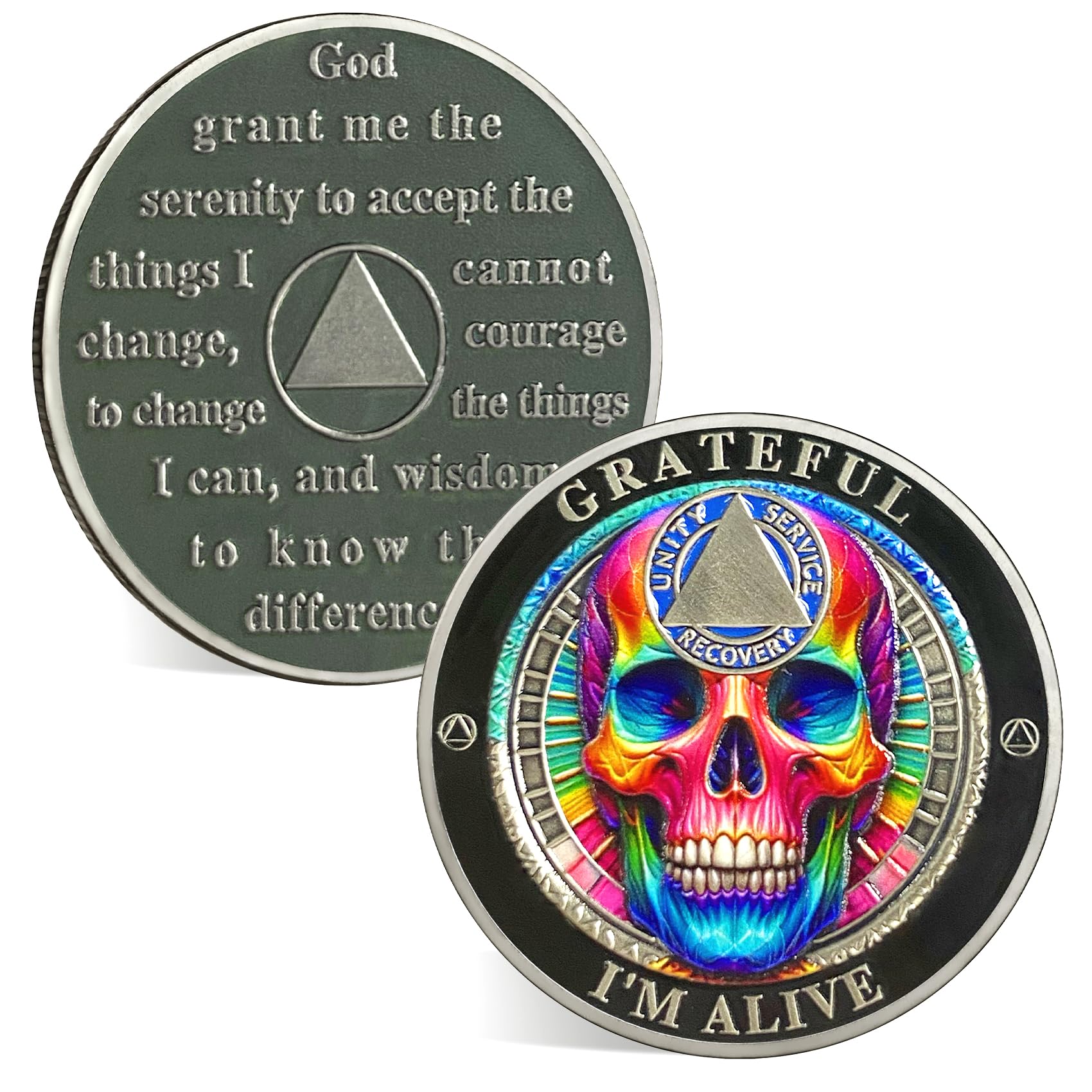 ACGZQY Sobriety Chip, Grateful I Am Alive Skull AA Coin and Medallions Sobriety Coin Recovery Token with Serenity Prayer Sobriety Gifts