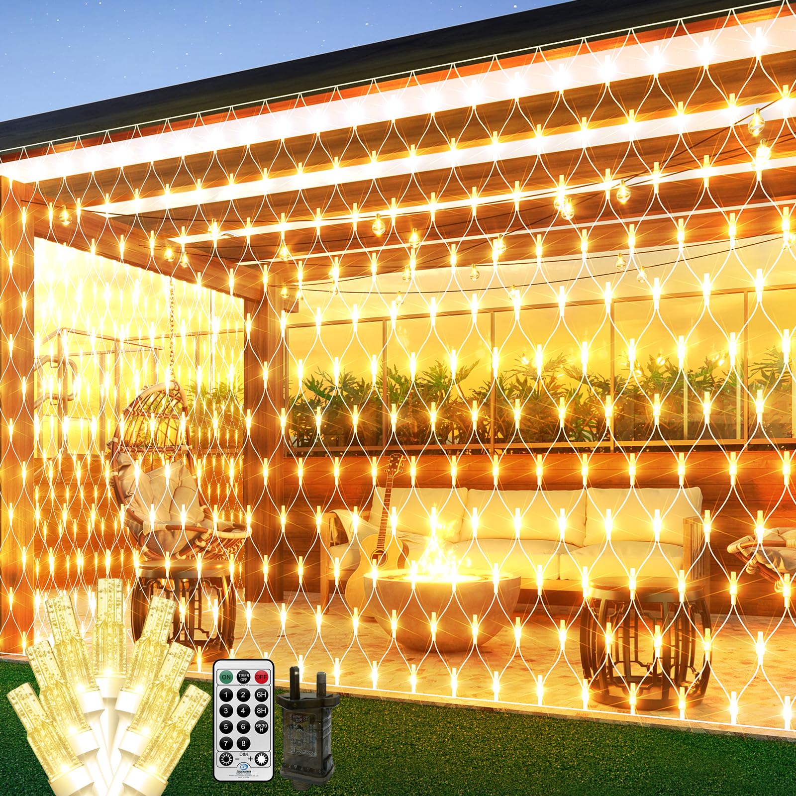 THKFUL Net Lights Outdoor 3X2M 200LED Fairy Lights Plug in, Waterproof Mesh Net String Light Garden Fairy Lights with Remote Timer,8 Modes Connectable for Bushes Gazebo Fence Wall(Warm White)