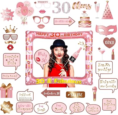 POPOYU 30th Birthday Decorations, Rose Gold Inflatable Photo Booth Frame