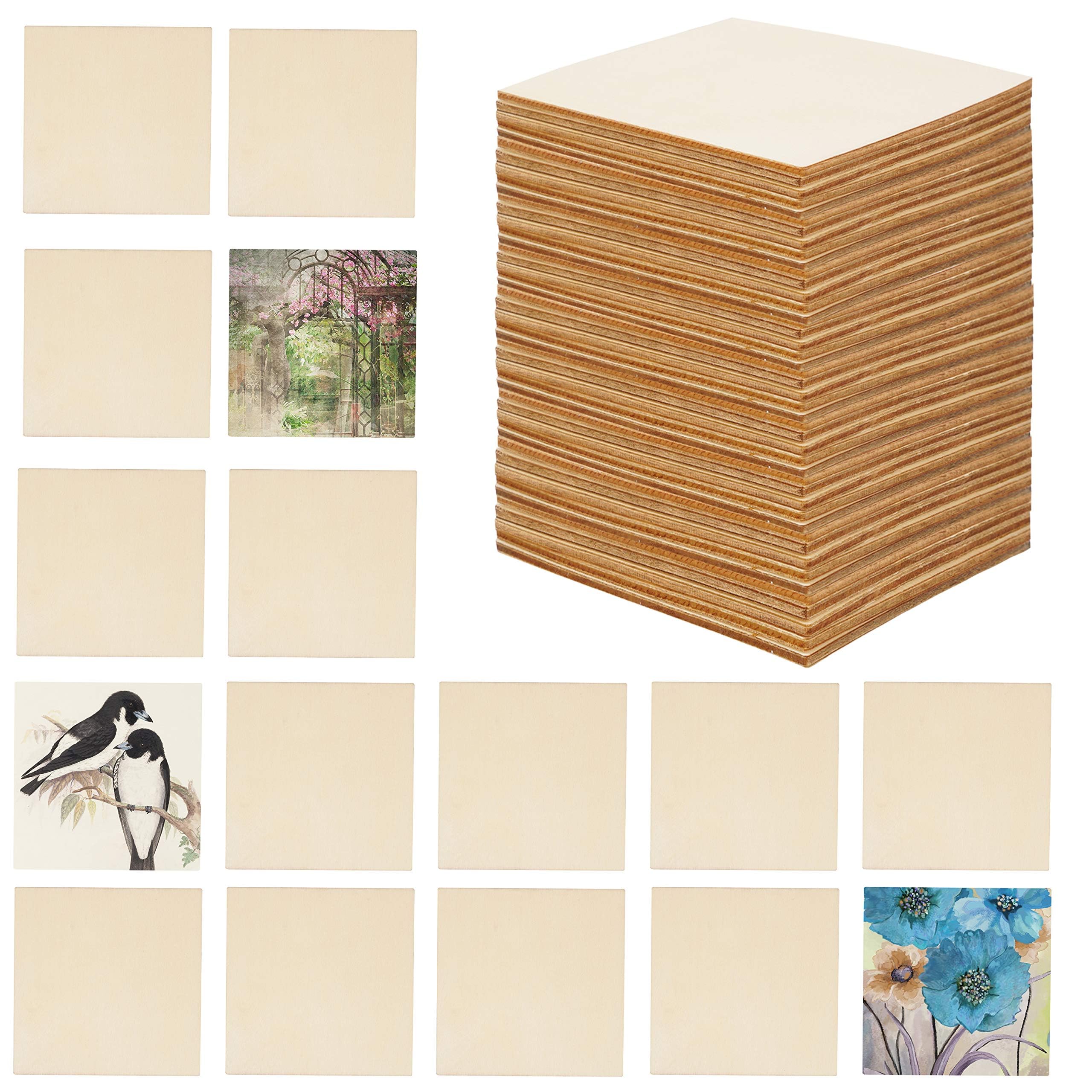BELLE VOUS 50 Pack Unfinished Blank Wood Squares - 10 x 10cm / 3.93 x 3.93 inches - 2.5mm Thick Wooden Plain Square Pieces for DIY Coasters, Crafts, Painting and Pyrography Burning