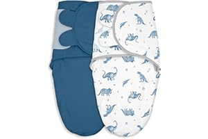 CIVARUA KIDS Baby Swaddles for Newborn Organic Cotton,Soft & Snug Newborn Velcro Swaddle 0-3 Months Sleep Sack Helps Calm Startle Reflex, 2-Pack Wrap Nursery Swaddling Blankets Blue Dinosaur