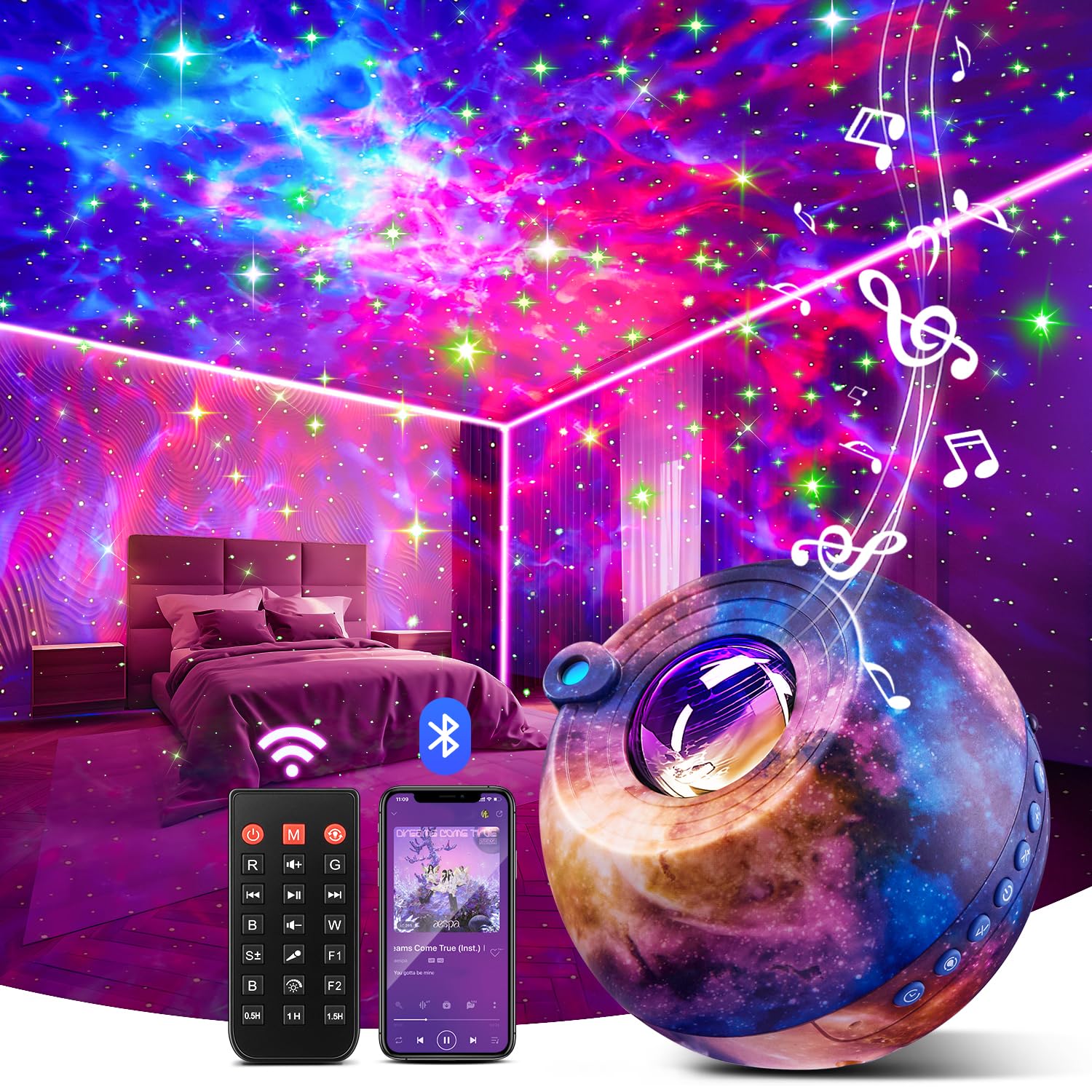 Galaxy Projector for Bedroom, 15 Colors Star Projector for Kids Night Light for Kids, 15 White Noise Sound Machine with Light Galaxy Light Projector for Bedroom, Remote Ceiling Star Lights for Bedroom Image
