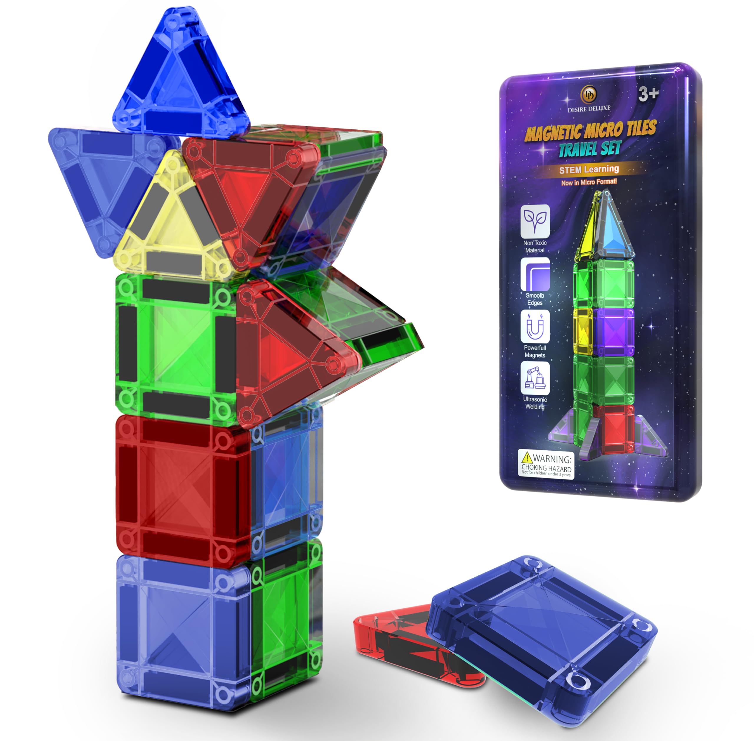 Micro Magnetic Tiles Building Blocks Toy - STEM Educational Travel Size Magnetics Blocks for Kids, Preschool Sensory Montessori Toddler Magnetic Toys for Boys & Girls 3+ Years Old 18PCS - Multicolour