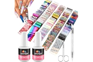 EBANKU 80 Pcs Nail Art Foil with 30ML Nail Foil Glue Gel, Starry Sky Flower Foils Transfer Stickers Foils Gels Polish Set for Salon or Home Use, No Nail Lamp Required