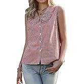 Allegra K Cute Gingham Sleeveless Tops for Women's Peter Pan Collar Ruffled Trim Button Down Blouse