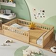 Twin Size Floor Bed with High Rails for Kids, Solid Wood Montessori Floor Bed with Opening, Twin Playhouse Bed Frame for Baby Girls and Boys,Natural