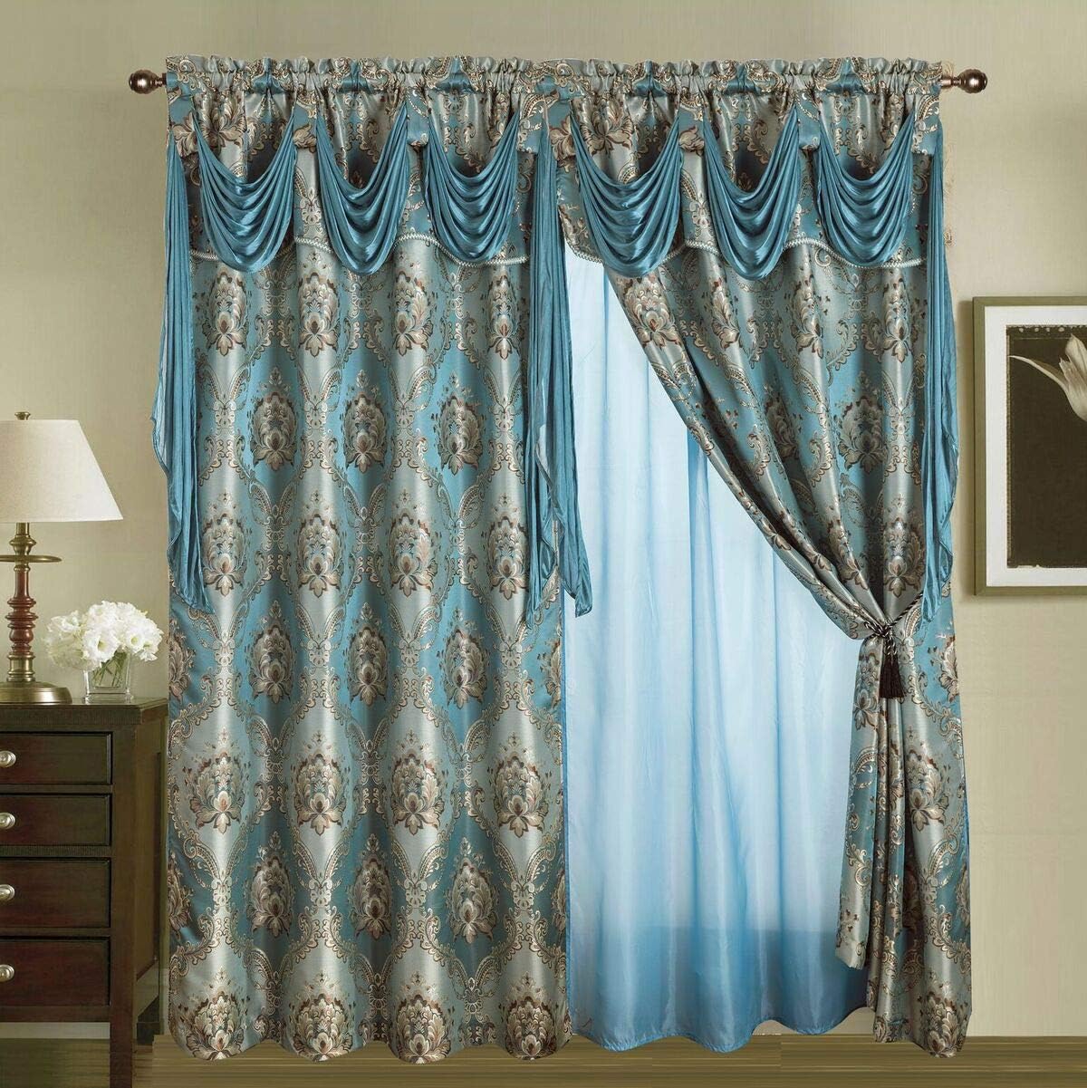 Jacquard Window 84 Inch Length Curtain Drapes w/attached Valance Scarf + Sheer Backing + 2 Tassels, Traditional 84" Floral Curtain Drape for Living/Dining rooms, Rod Pocket (Elisa, 84, Blue)