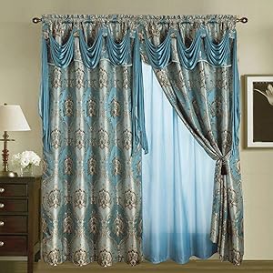 Jacquard Window 84 Inch Length Curtain Drapes w/attached Valance Scarf + Sheer Backing + 2 Tassels, Traditional 84" Floral Curtain Drape for Living/Dining rooms, Rod Pocket (Elisa, 84, Blue)