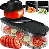Fullstar Essential Mandoline Vegetable Slicer &amp; Julienne Cutter | 2 in 1 Compact Fruit Cutter, Cucumber Slicer &amp; Cheese Grater, with Stainless Steel Blades, Guard &amp; 3-Cup Container (Black)