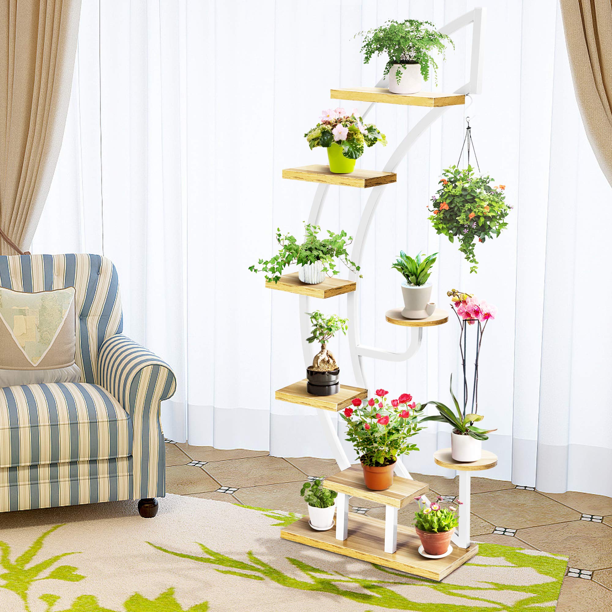 VIVOHOME 6 Tier 9 Potted SteelWood Plant Stand with Hanger, Curved