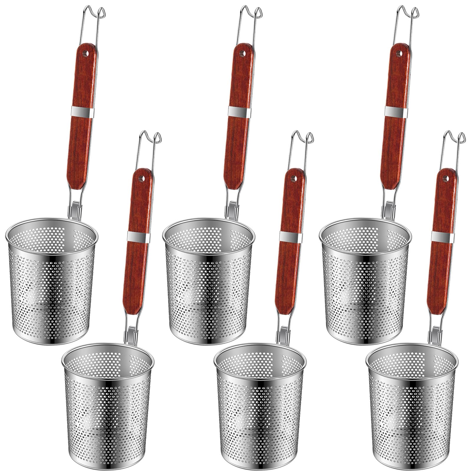 Photo 1 of Tessco Stainless Steel Pasta Strainer Pasta Basket with Wood Handle Kitchen Mesh Spider Noodle Strainer Skimmer Food Dumpling Noodle Blanching Basket(5.9 Inch,Red Brown)