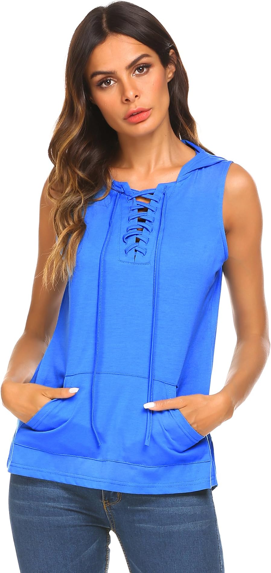 Womens Fashion Sleeveless Lace-Up Hoodie Tunic Top Shirt with Kangaroo Pocket