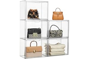 ZLLZUU Purse Organizer for Closet, 5 Pack Clear Acrylic Display Case for purse handbag Organizer, Stackable Purse Storage boxes with magnetic door for Collectibles, Wallet, Cosmetic