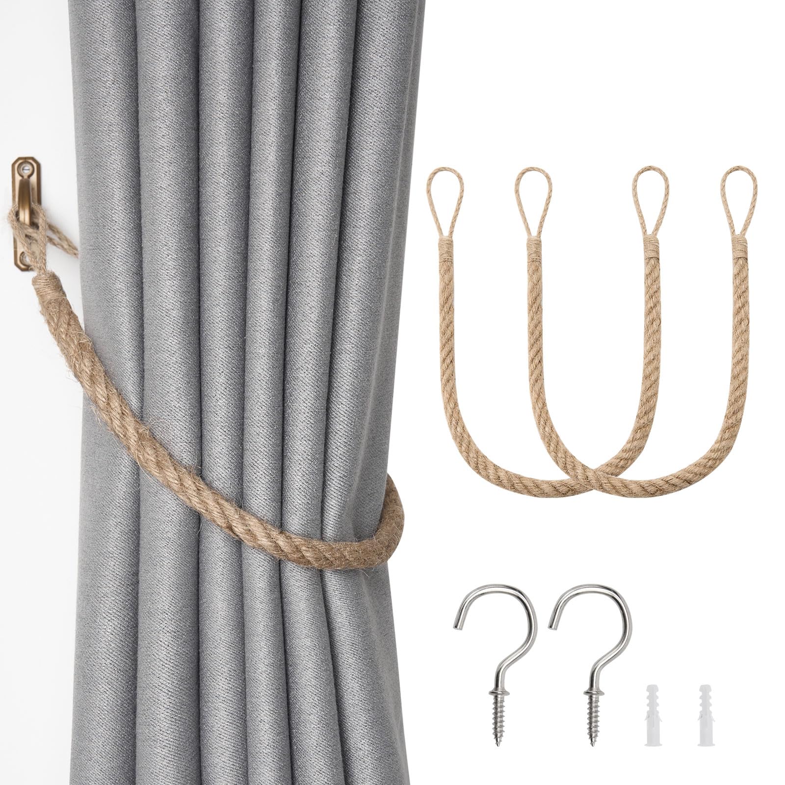 Pretty Jolly 2 Pack Natural Jute Rope Curtain Tiebacks Boho Rustic Style Decorative Drape Tie Backs Elegant Hand-Woven Rope Curtain Holdbacks with Metal Hook for Home & Office Drapery (Jute-Rope)