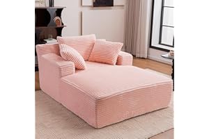 HRVEOCEI 49" Chaise Lounge Indoor, Oversized Chaise Lounge Chair with 3 Comfy Pillows for Living Room Bedroom, Wide Arms Corduroy Fabric High-Density Foam No Assembly Required (Pink)