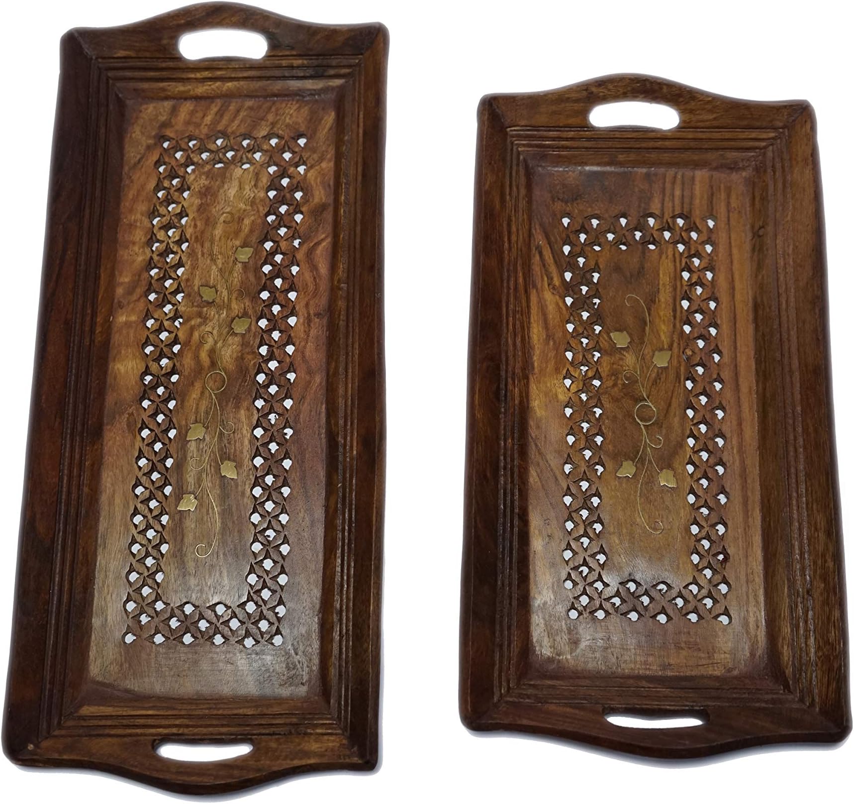 DECORVAIZ Hand Carved Wooden Serving Tray Set of 2 - Decorative Tray Cum Platter for Home, Kitchen, Table Dรฉcor