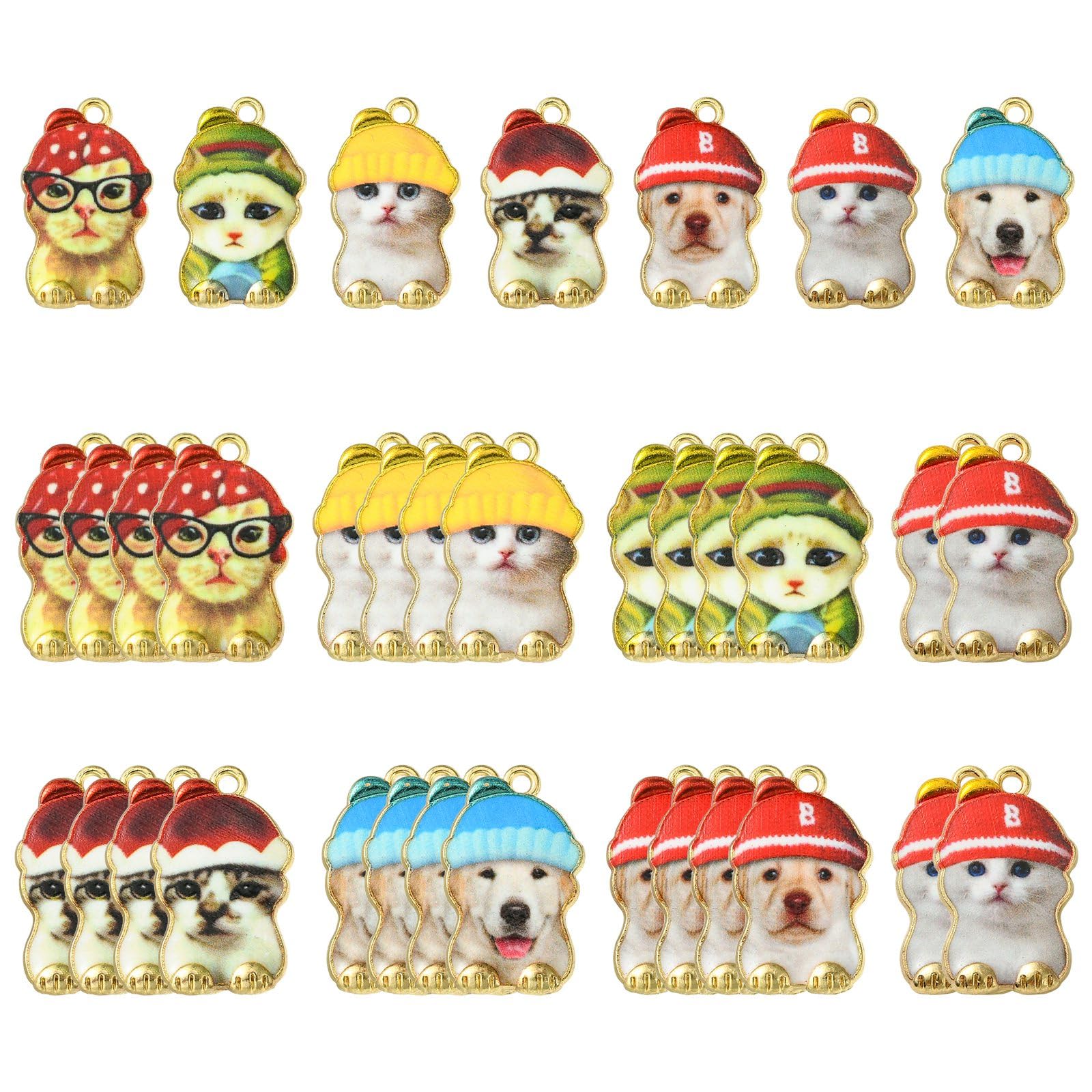 Stiesy 35Pcs 7 Styles Enamel Cat Charms Cute Animal Printed Pendants Charm Dog Dangle Charms for Jewellery Making DIY Bracelet Crafting