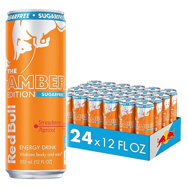 RED BULL AMBER EDITION SUGAR FREE ENERGY DRINK, STRAWBERRY APRICOT, WITH 114MG CAFFEINE PLUS TAURINE & B VITAMINS, 12 FL OZ, PACK OF 24 CANS
