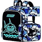 FTJCF 17 Inches Glow in The Dark Shark Backpack for Boys, 3Pcs School Bookbag Set for Teens, Laptop Backpacks with Lunch Bag(Blue)