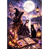 MXCFZX Halloween Witch Paint by Numbers Kits for Adults, Magical Book Painting by Numbers for Beginners with Cat, DIY Acrylic Oil Painting by Numbers for Adults for Gift Home Wall Decor(16x20inch)