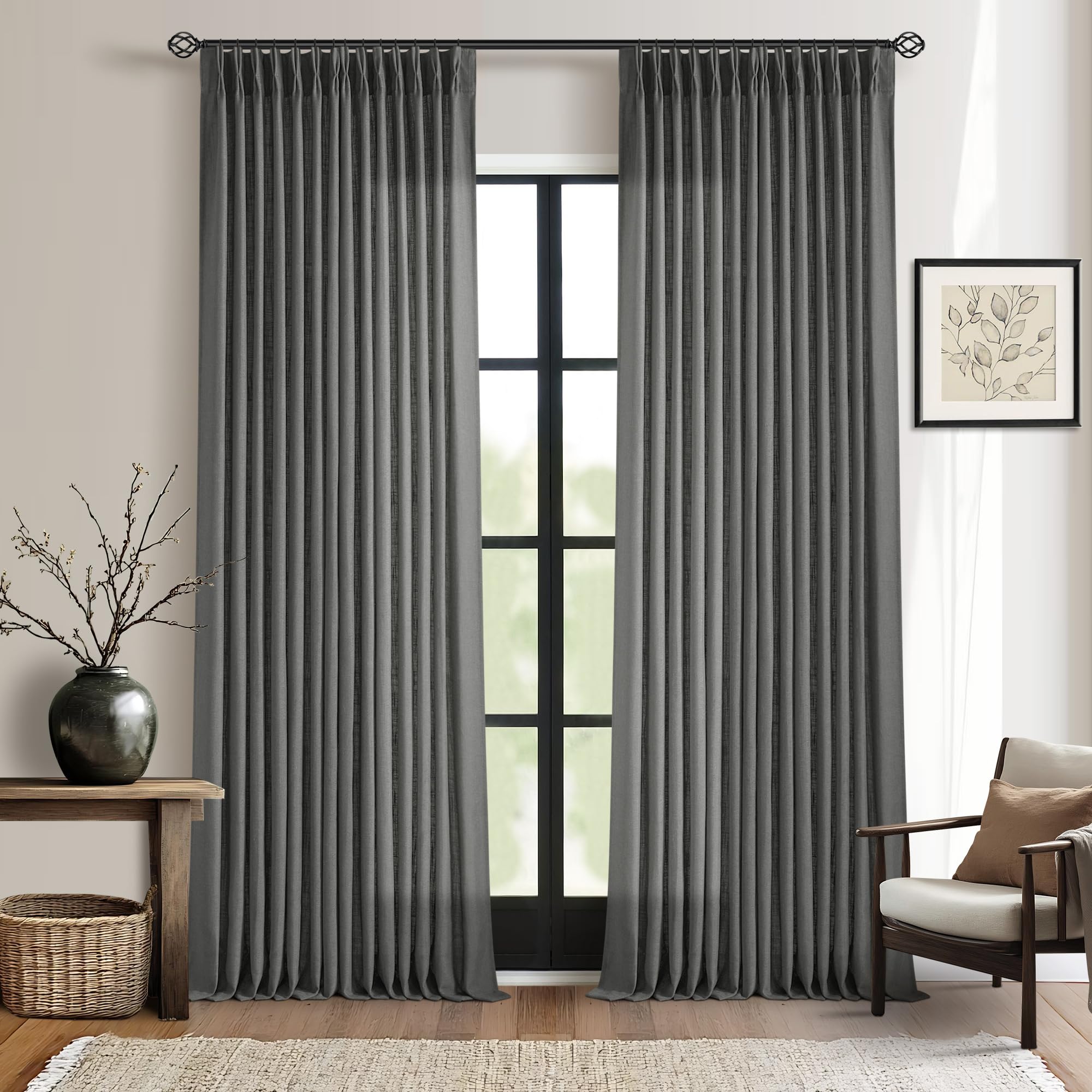 Photo 1 of (only one panel) Charcoal Grey Pinch Pleated Linen Curtains 90 Inches Long for Living Room Bedroom