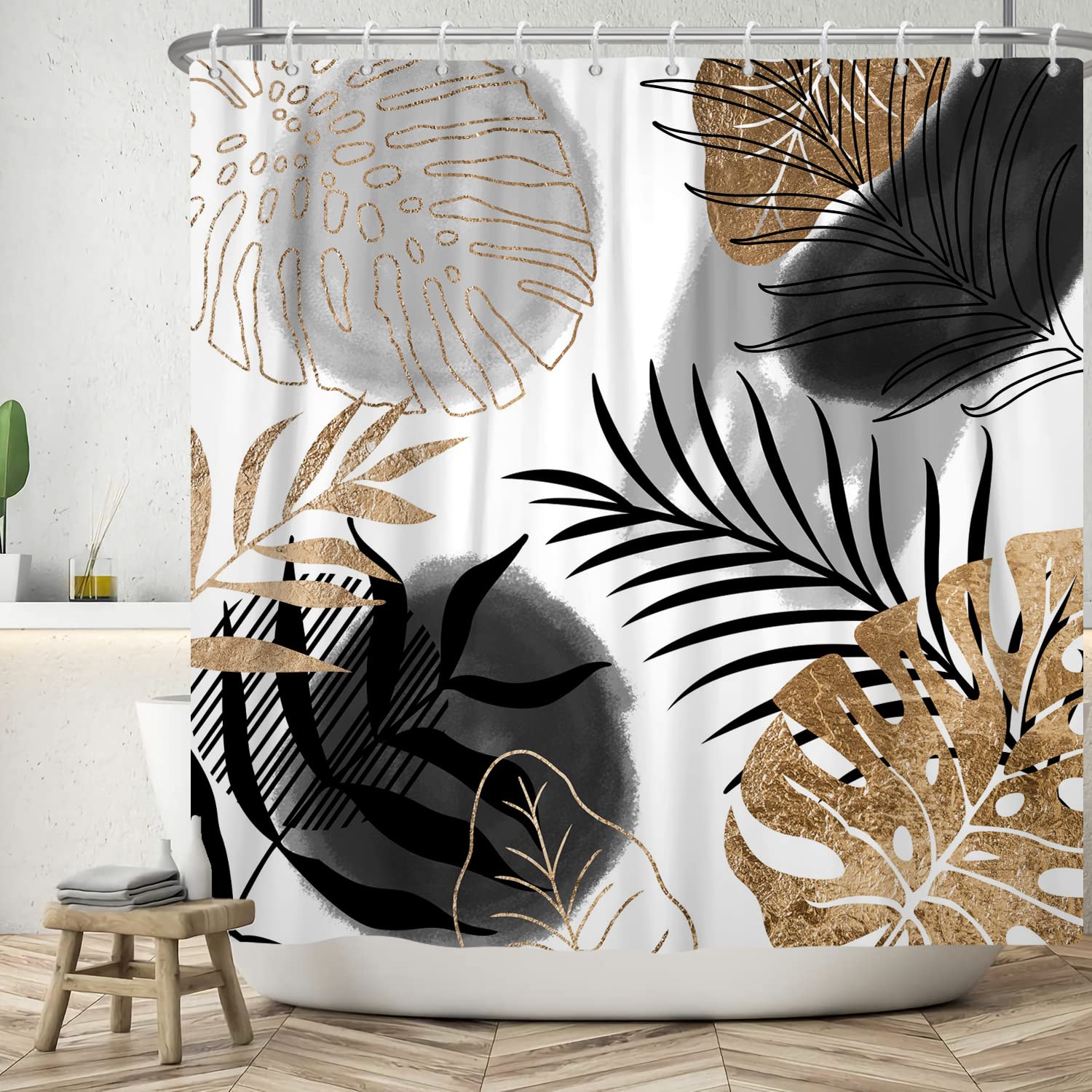 Ttincceer Boho Shower Curtain 60x72inch Abstract Black Gold Palm Leaves Shower Curtains for Bathroom Bohemia Mid Century Tropical Leaves Bath Curtains with Hooks Washable Bathtub Curtain