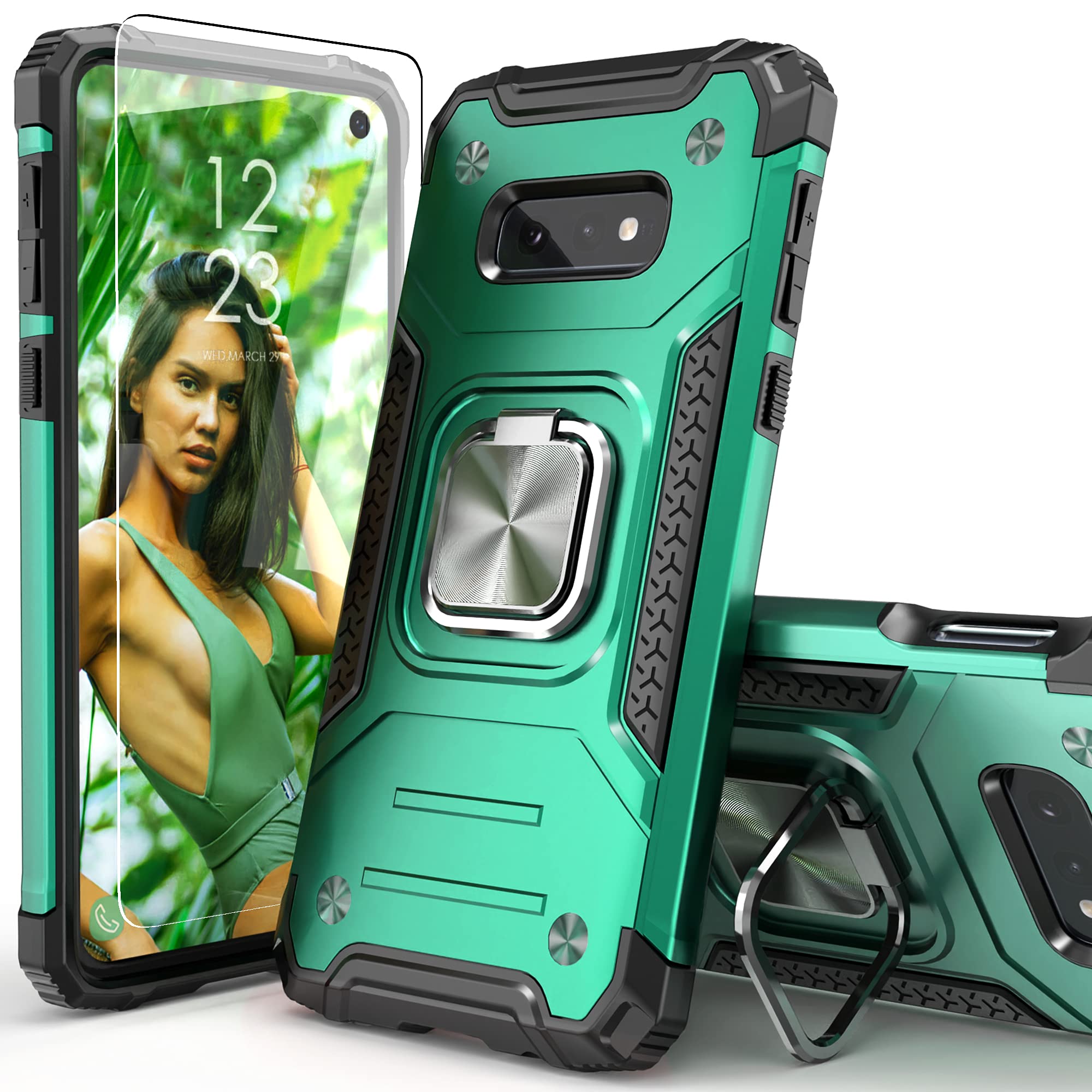 IDYStar for Galaxy S10E Case with Tempered Glass Screen Protector,Hybrid Drop Test Slim Fit Cover with Car Mount Kickstand Slim Fit Protective Phone Case for Galaxy S10E,Dark Green