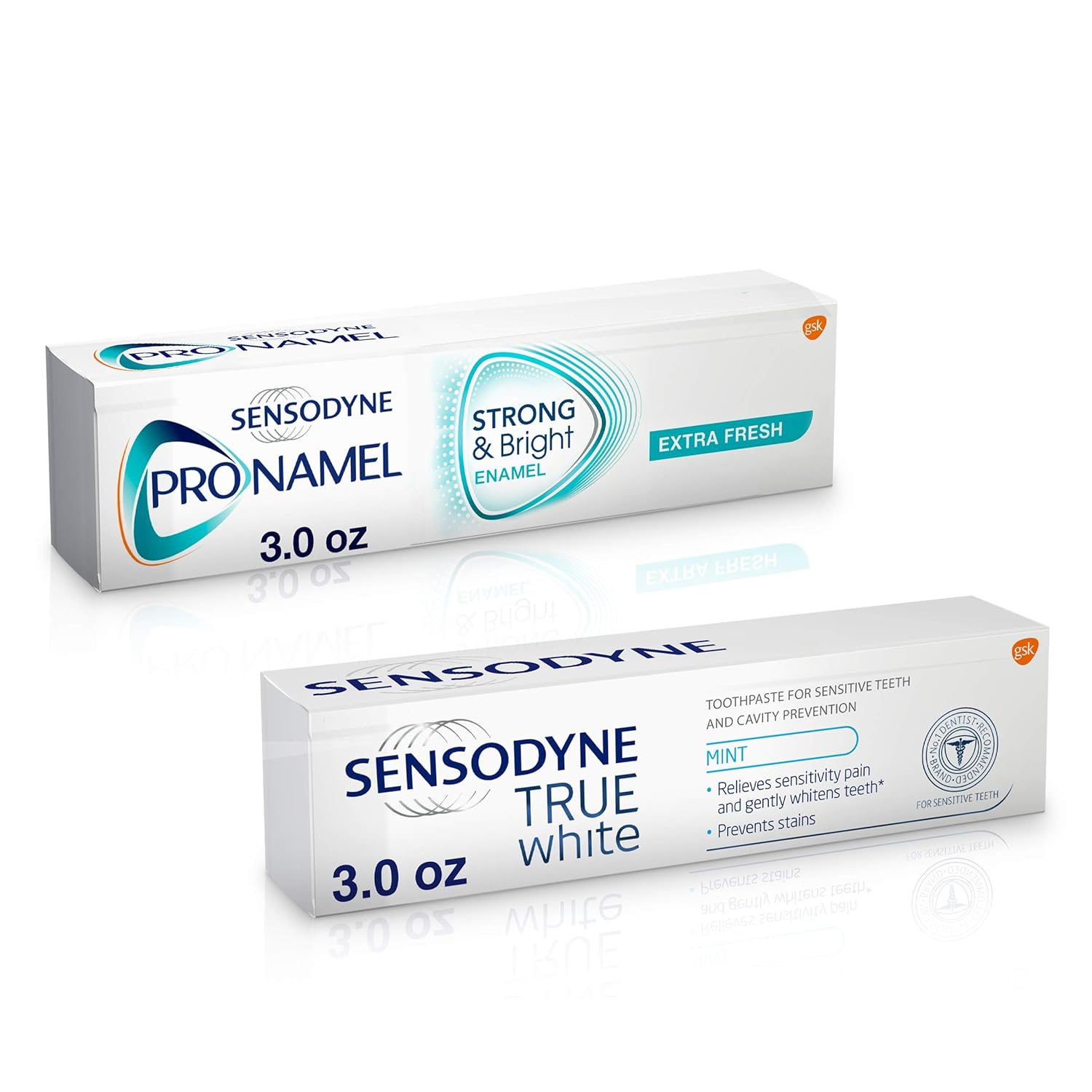 Sensodyne Sensitive Teeth Whitening, True White Mint, Sensitivity Toothpaste,3 ounce and Sensodyne Pronamel Strong and Bright Enamel Toothpaste, to Reharden and Strengthen Enamel,Extra Fresh-3 Ounces