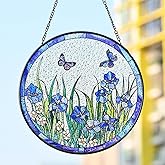 Stained Glass Window Hanging, Butterfly and Iris Flower Suncatcher 7.87inch Hand-Painted Sun Catcher for Windows and Home Decor Indoor & Outdoor Decoration, Gift for Women