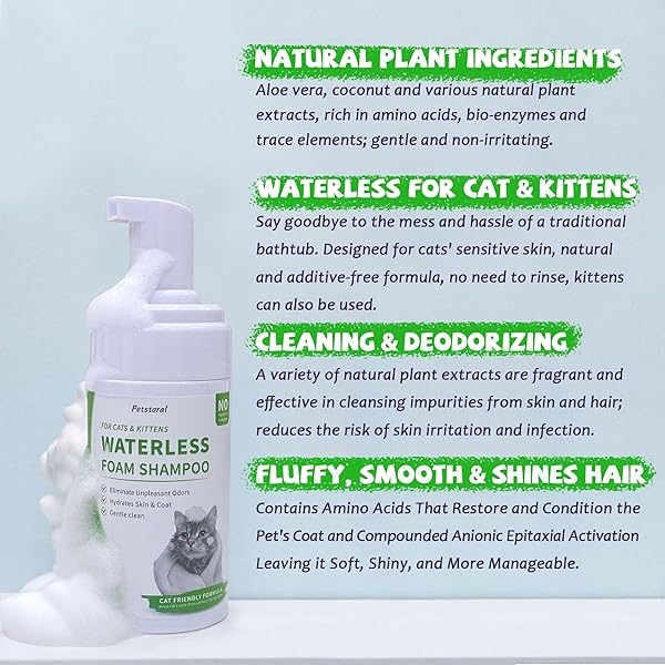 PETSTORAL WATERLESS CAT SHAMPOO NO RINSE KITTEN SHAMPOO, EASY CAT BATH CLEANER – HYPOALLERGENIC CAT SHAMPOO FOR LONG AND SHORT HAIR