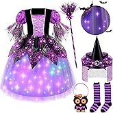Relaehih Girls Light Up Witch Costume, Kids Witch Costume with Hat and Broom for Toddler Halloween Dress Party