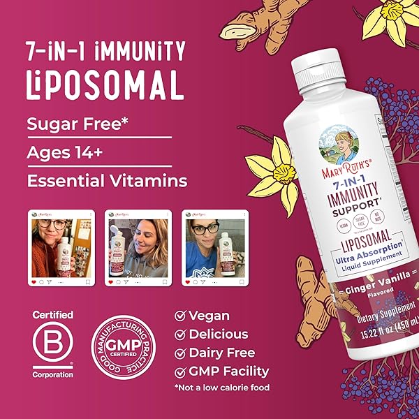 MARYRUTH ORGANICS 7 IN 1 IMMUNITY LIPOSOMAL | ELDERBERRY LIQUID WITH VITAMIN C | LIQUID VITAMINS | IMMUNE SUPPORT SUPPLEMENT | ELDERBERRY WITH ZINC AND VITAMIN C | VEGAN| GLUTEN FREE | 30 SERVINGS