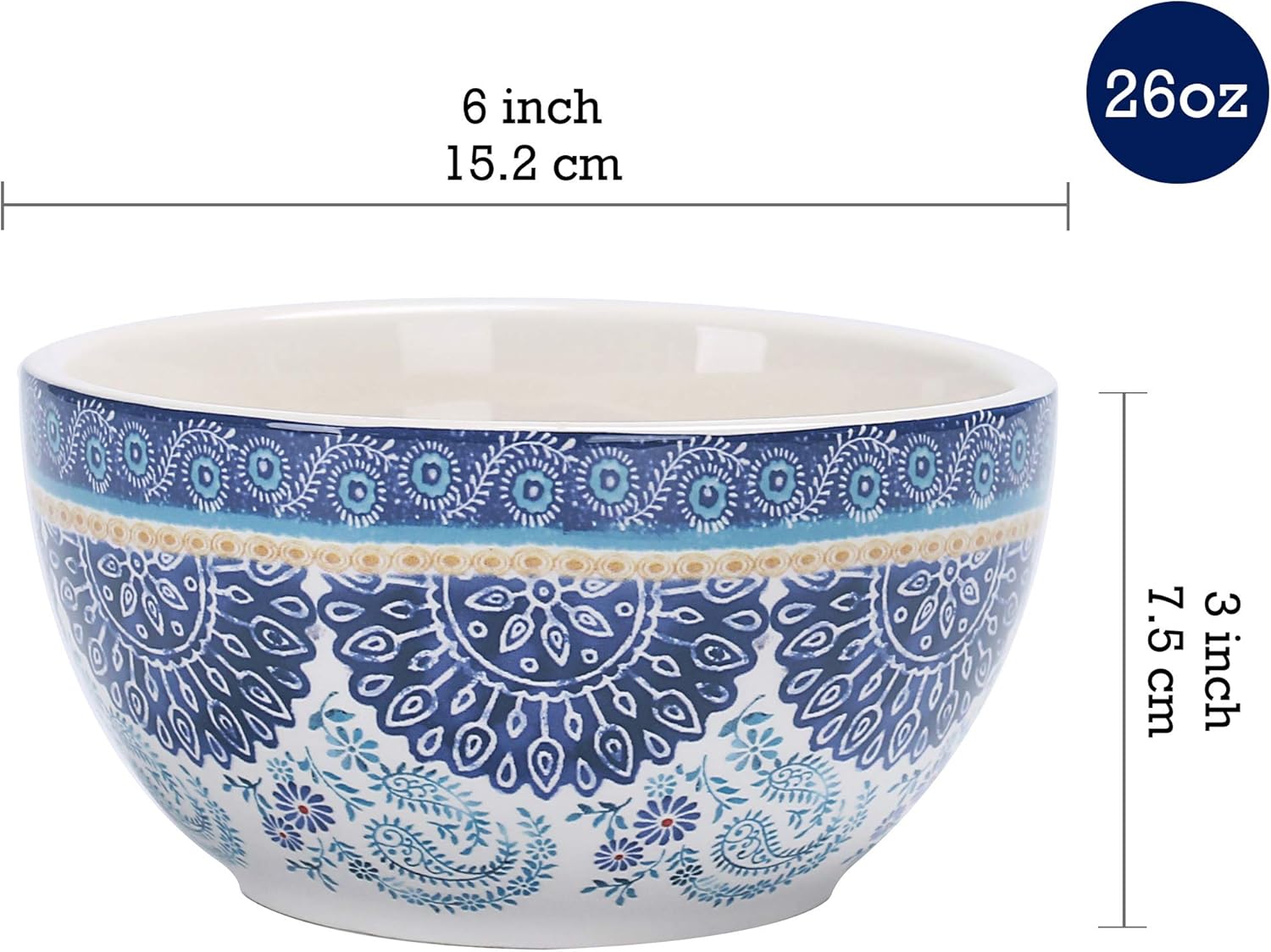  | Bico Blue Talavera 26oz Ceramic Cereal Bowls, Set of 4, for Pasta, Salad, Cereal, Soup & Microwave & Dishwasher Safe: Cereal Bowls