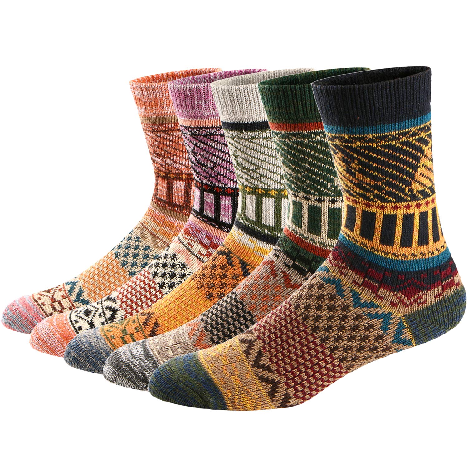 Ueither Mens/Womens 5 Pairs Vintage Style Knitting Wool Warm Winter Fall Crew Socks, Color 8, Men:5.5-9/Women:6-9.5