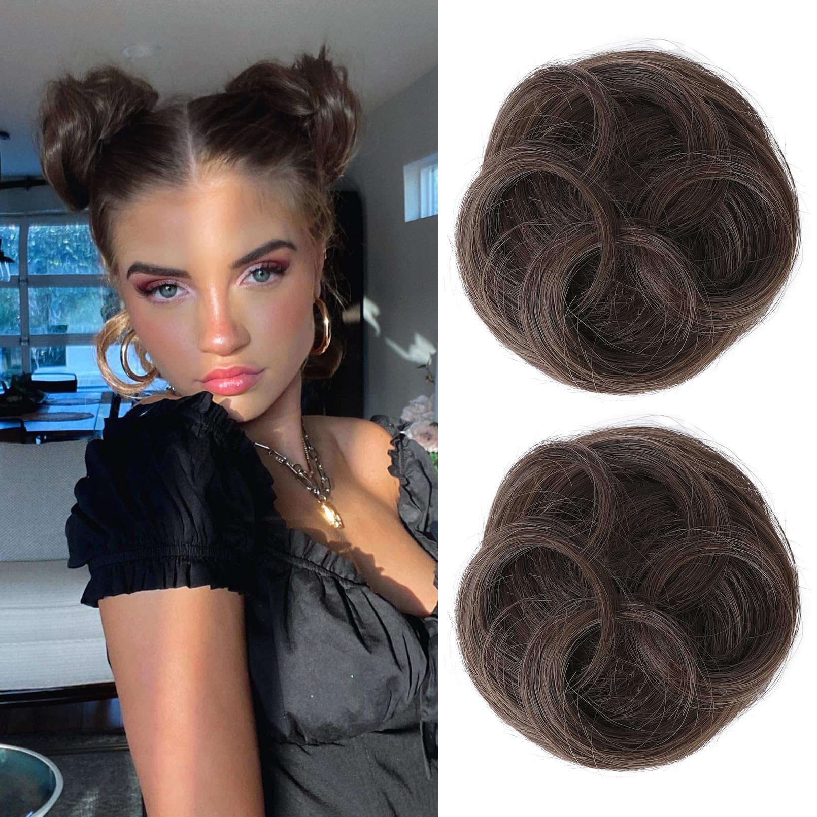 REECHO 2 PCS Mini Claw Clip in Messy & Cat Ears Hair Bun Extensions Wig Accessory Updo Hairpieces for Women Girls (Pack of 2-3.5" Wavy, Cool Dark Brown)