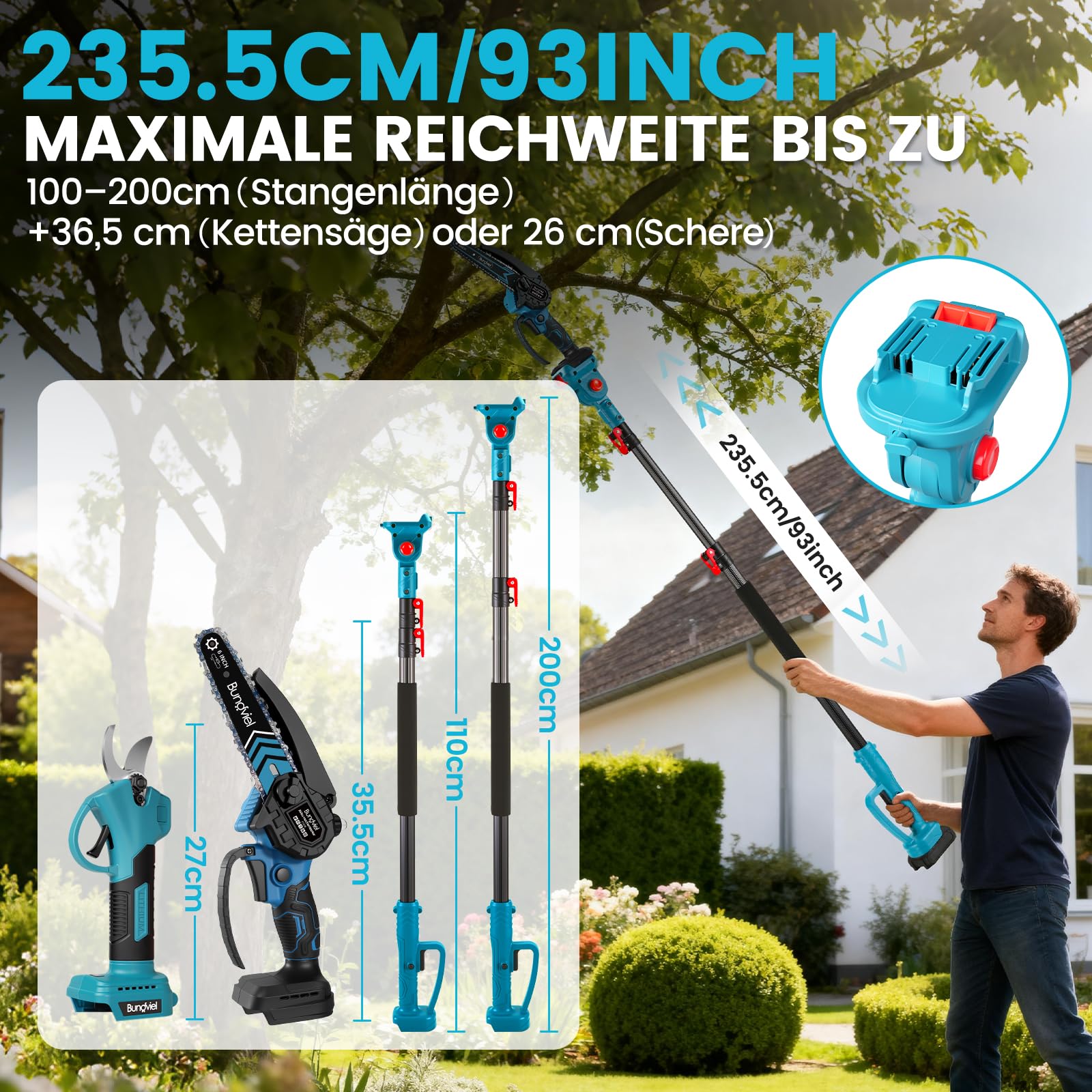 Bundviel 4-in-1 Akku Hochentaster kompatibel mit Makita Akku, Bürstenloser 6 Zoll Mini Kettensäge & 25mm Elektrische Gartenschere 2x 4.0Ah Akku, bis 235,5cm Teleskopstange für Garten Baumschnitt 7