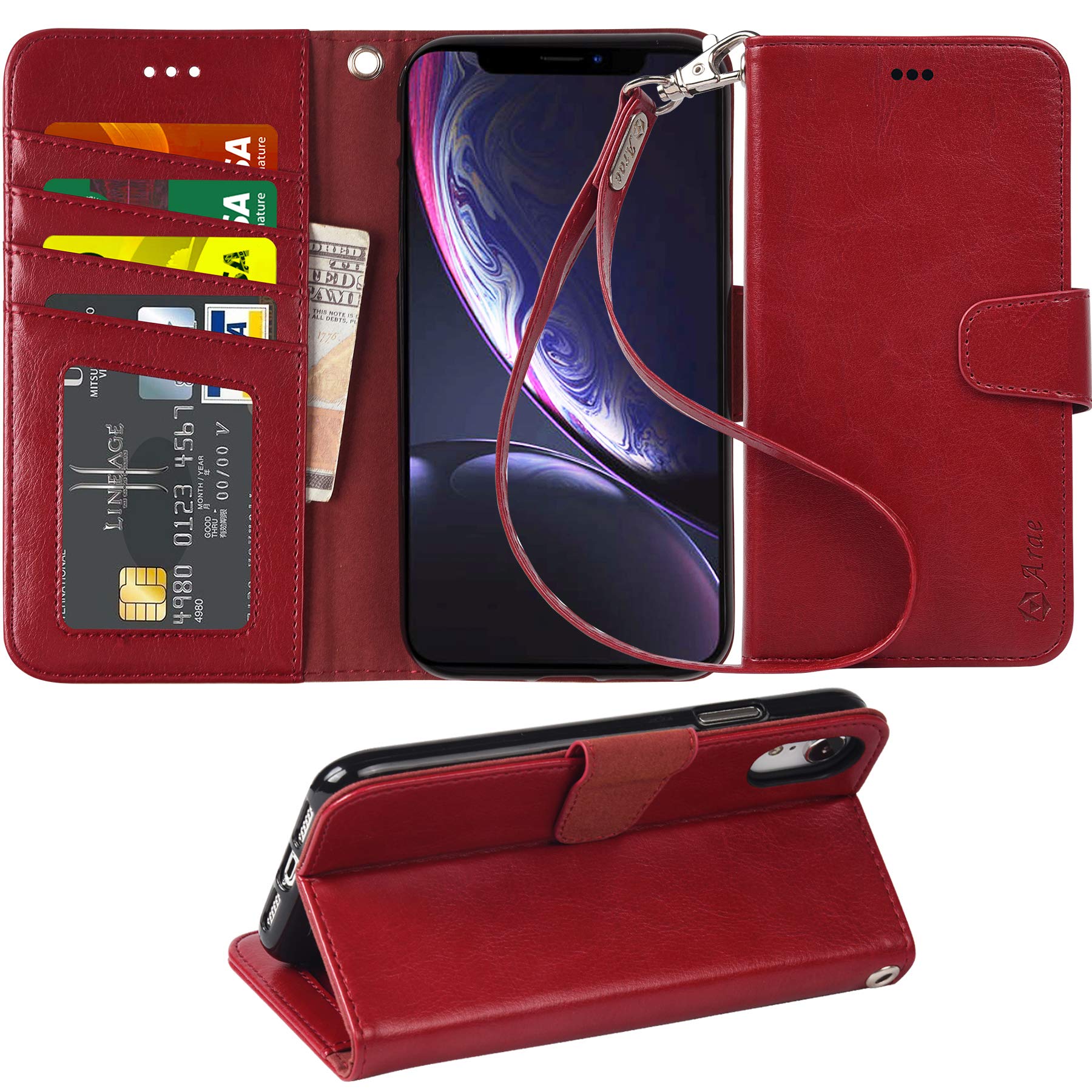Arae Wallet Case for iPhone XR PU Leather flip case Cover [Stand