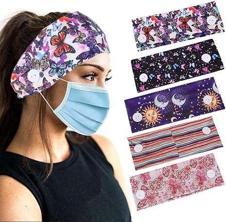 Amazon Co Jp 5ピースの女性のヘッドバンドフェイスマスクのボタンを持つボタンヤガスの女性 ミルクシルススポーツ屋外弾性の髪のバンドのヨガスポーツランニングのための耳の保護 ホーム キッチン
