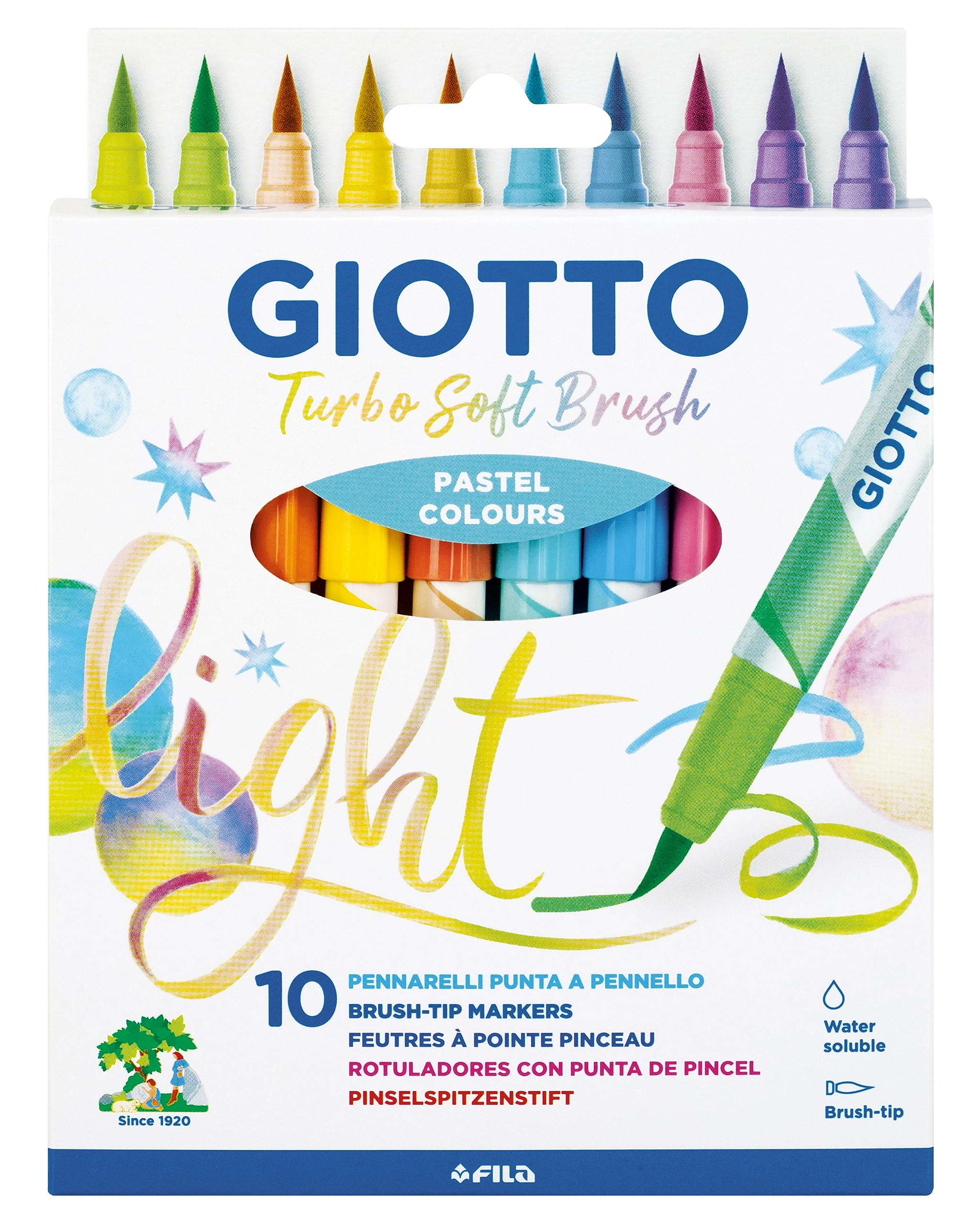GIOTTO Turbo Soft Brush Felt Tip Fibre Pens, Soft Nib, Water Soluble, Lettering, 10 Assorted Pastel Colours, for Children, Parties and Schools