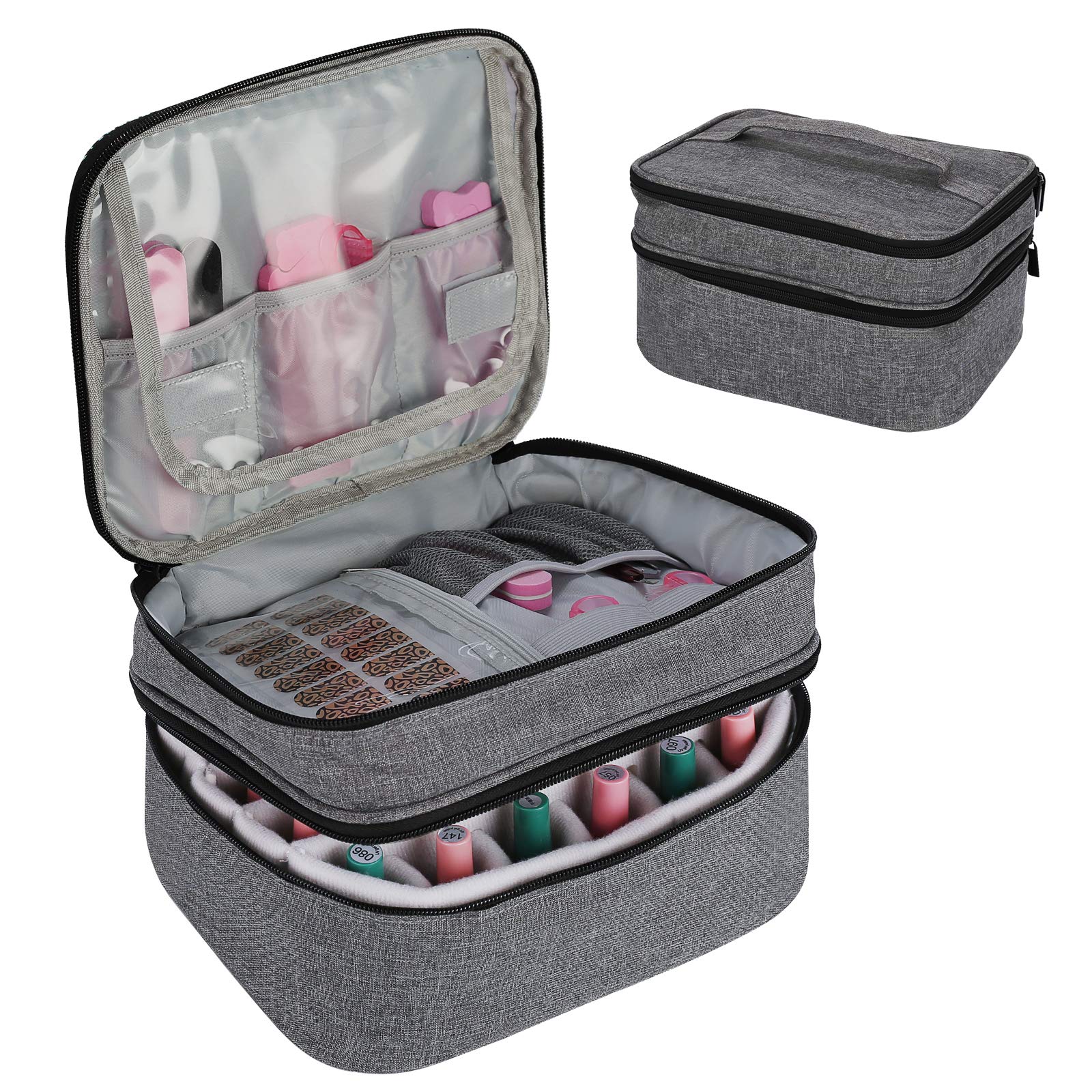 Horsande Nail Polish Carrying Case, Portable Organizer Bag for Nail Polish 30 Bottles (15ml/0.5 fl.oz), Double Layer Storage Bag for Nail Polish and Manicure Set (BAG ONLY), Grey