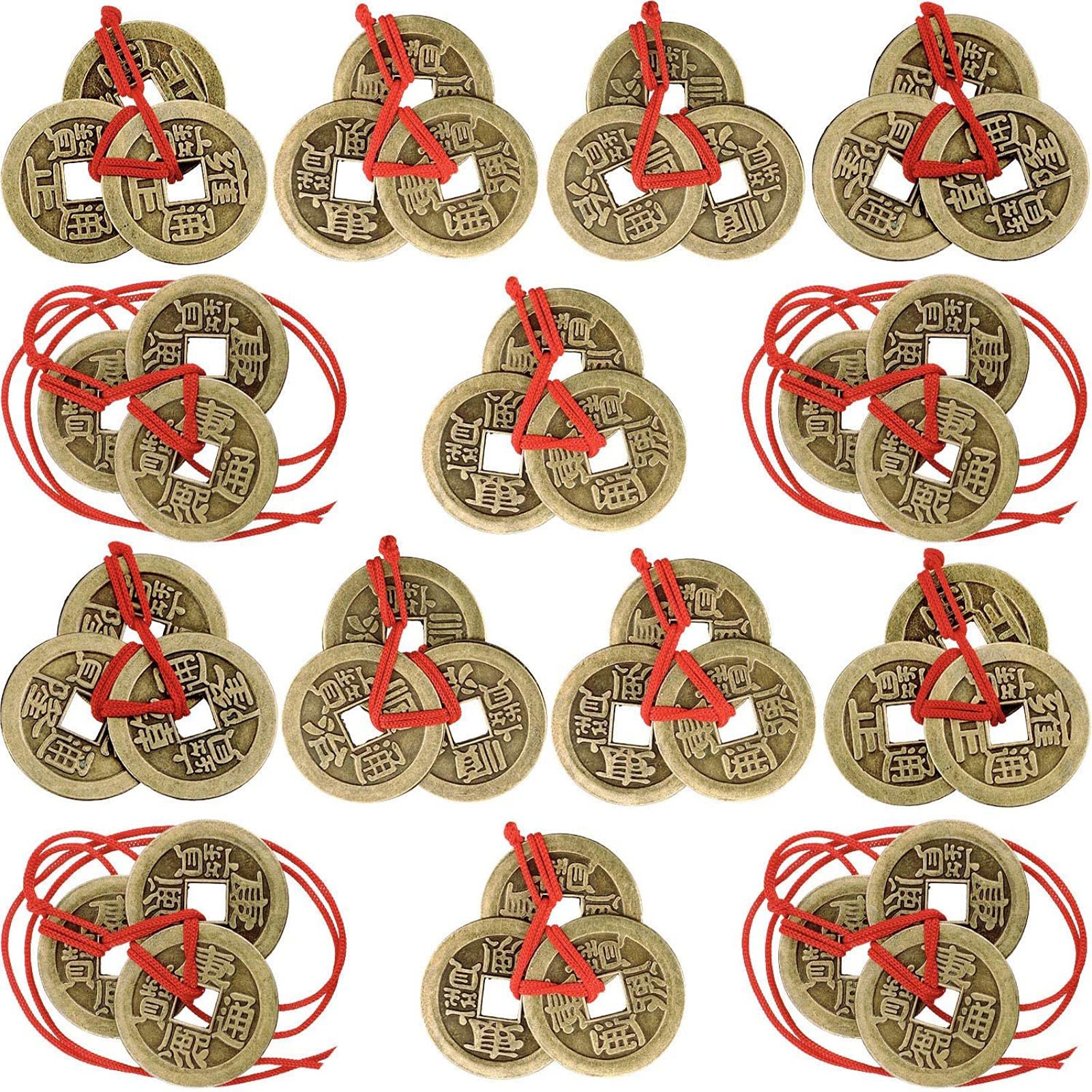 Risegun Chinese Fortune Coins, Feng Shui Coins I-Ching Coins Chinese Coins Lucky Coins Feng Shui Ching Coins Traditional Coins with Red String for Wealth and Success,5 Style(20)