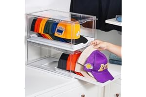 Vtopmart 2 Pack Hat Organizer for Baseball Caps, Clear Hats Holder Box with Drawer, Large Cap Storage with Sliding Tray, Stackable Rack Display Case with Magnetic Door, Each Holds 12 Hats