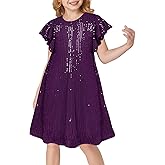 GRACE KARIN Girls Sequin Dress Short Flutter Sleeve Flare Silhouette Midi Dress with Hairbow 5-12Y