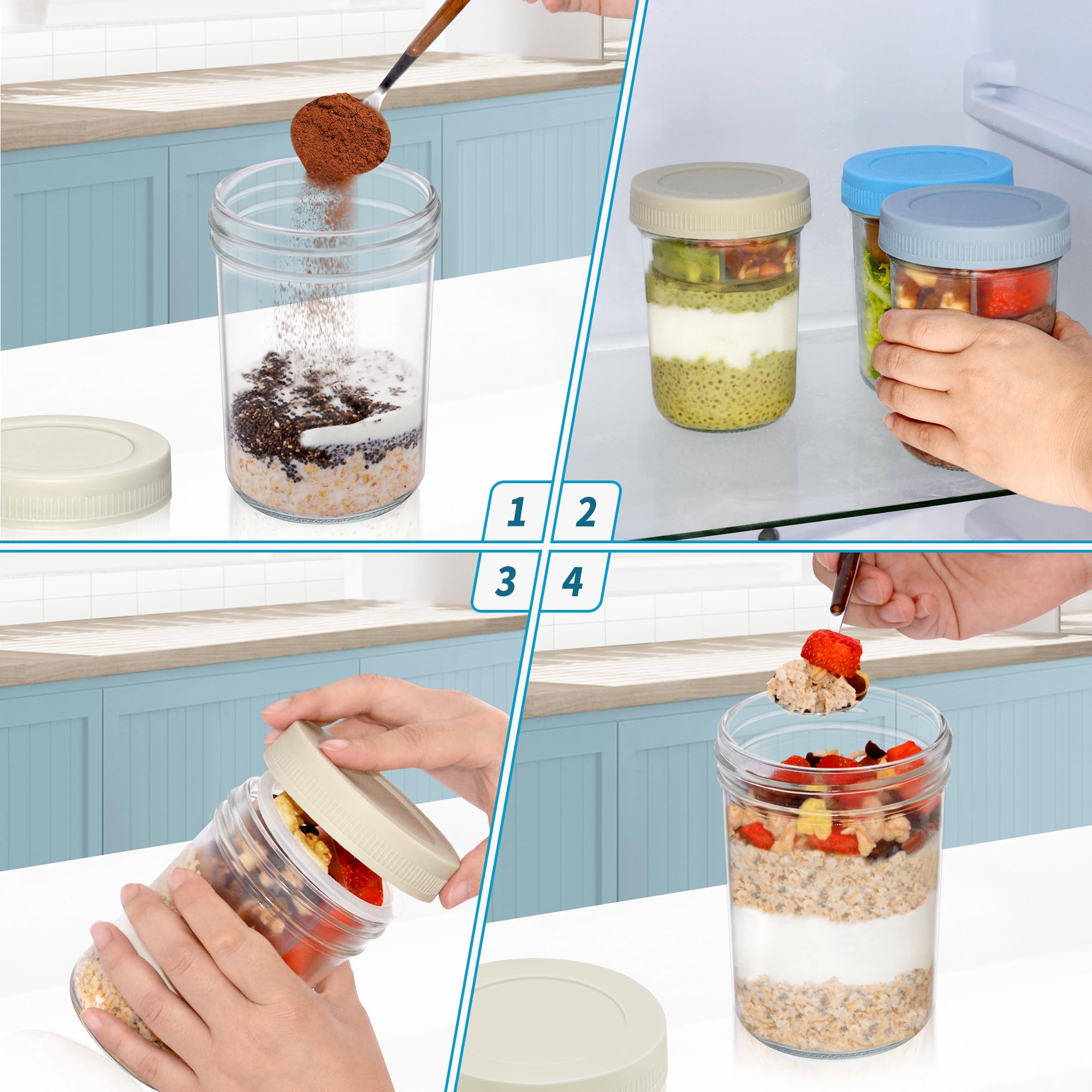 Xyptorix 16 oz Overnight Oats Containers with Airtight Lids - 4-Pack Leak-Proof Wide Mouth Mason Jars & Divided Cups for Dried and Wet Foods, Glass Jars for Chia Pudding, Salad, Snacks, and Yogurt