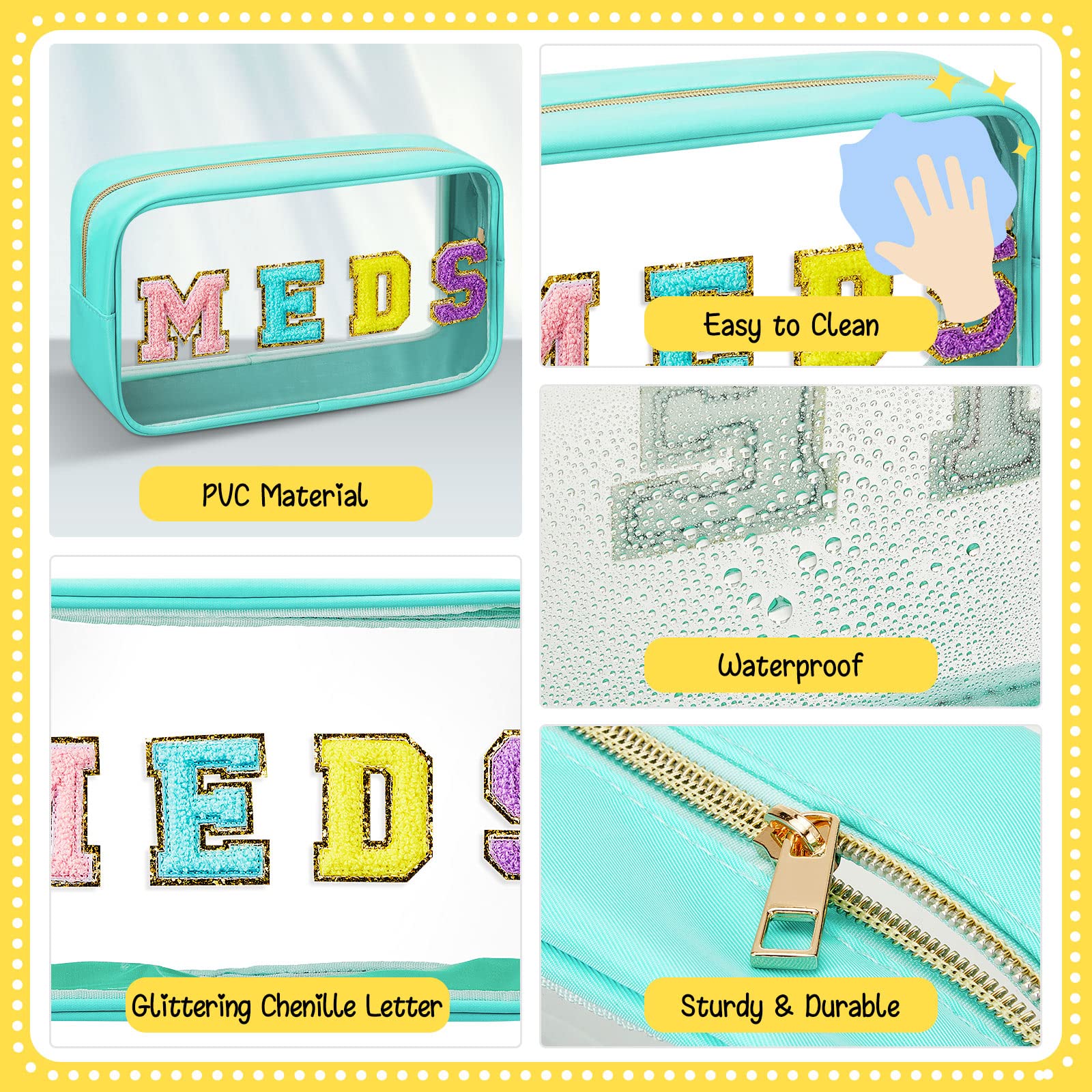 Geetery Chenille Letter Bag Nylon Portable Makeup Cases Preppy Patch with Zipper Cosmetic Toiletry Storage Bag for Women(Green,Cute MEDS)