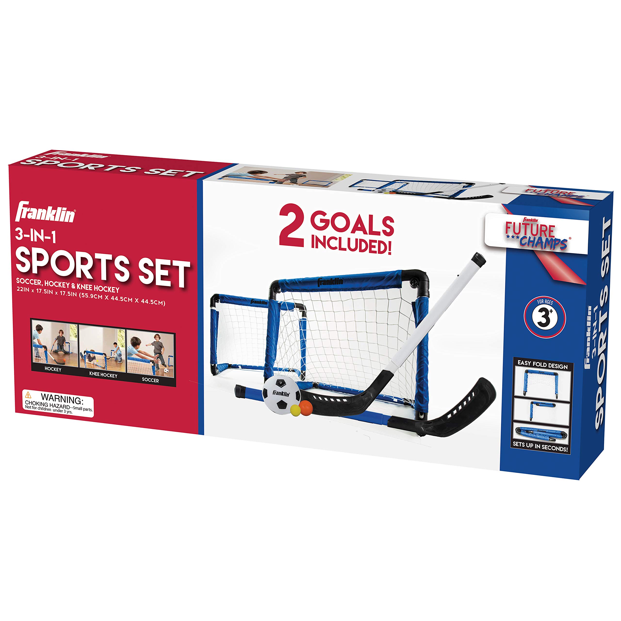 Franklin Sports Indoor Mini Goal Sports Set - 3 in 1 Kids Indoor Goal Set - Indoor Mini Floor Hockey, Knee Hockey, and Mini Soccer Set for Kids, Blue, 22 x 17.5-Inch