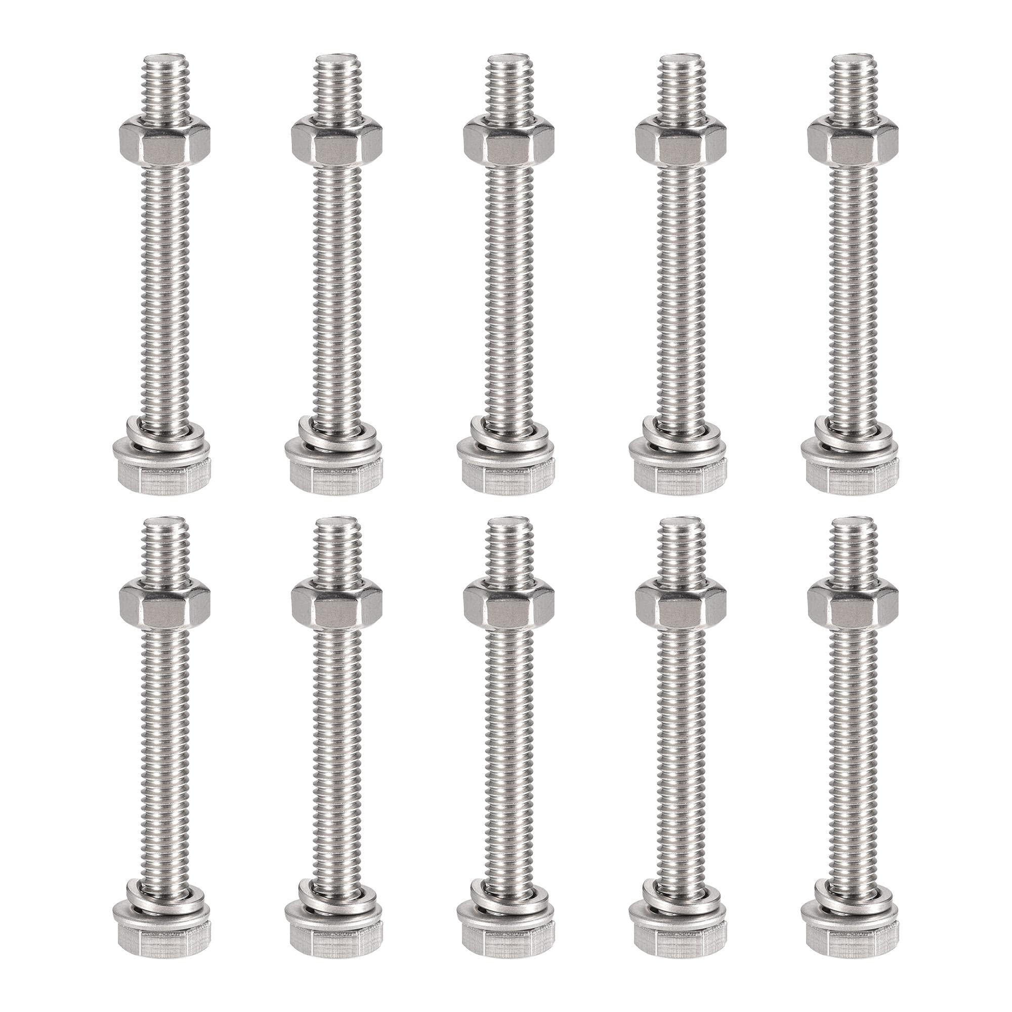 sourcing map M6 x 50mm Hex Head Screws Bolts, Nuts, Flat & Lock Washers Kits, 304 Stainless Steel Fully Thread Hexagon Bolts 10 Sets โ image 1