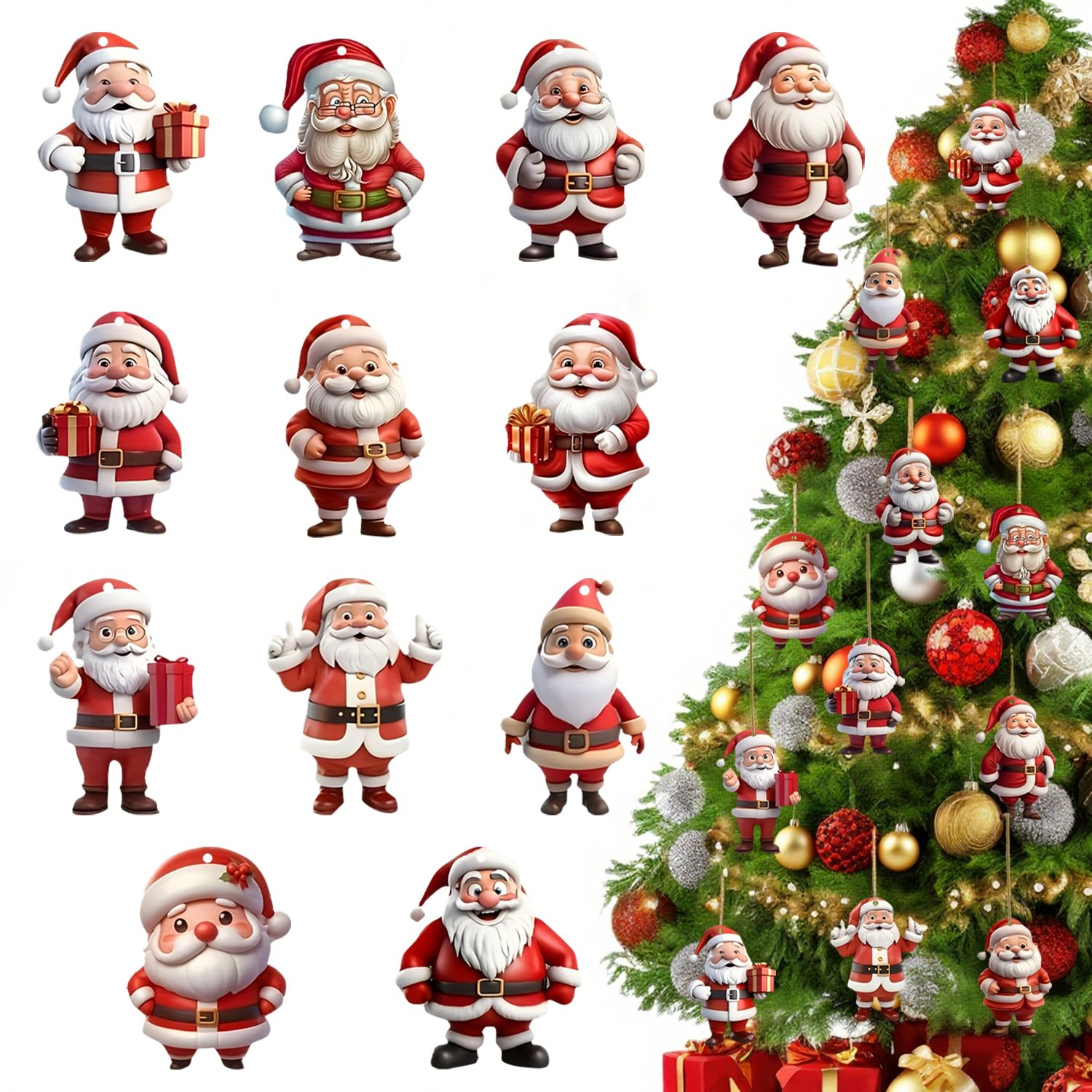 Photo 1 of 12 Pcs Christmas Tree Ornaments Funny Cartoon Santa Claus Designs Xmas Tree Hanging Decorations Cute Acrylic Craft Supplies Holiday Santa Claus Hanging Ornaments for Christmas Party Decoration