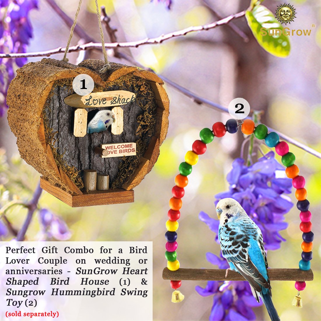 Heart Shaped Birdhouse - Decorative Rough Wood - Little Log Cabin Birdhouse - Perfect Gift for Newlyweds, Engagement , Housewarming , Honeymoon - Love Shack for Love Birds - Wooden Bird Feeder